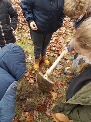 Kinder graben mit einer Schaufel ein Loch für die Blumenzwiebeln